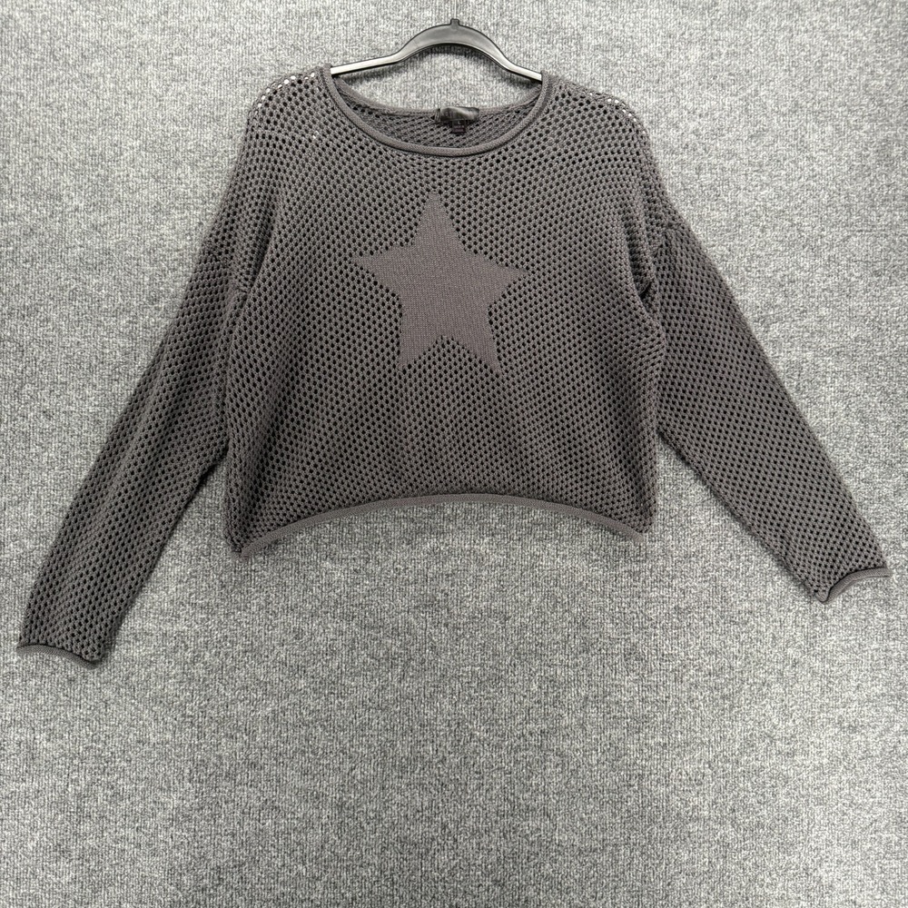 Crochet Sweater Womens L Gray Star Open Knit Pullover Crop Y2K Grunge Layering